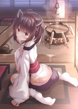 Rule 34 | 1girl, ahoge, blue skirt, brown hair, chabudai, commentary, fire, from behind, grass print, hair ornament, highres, hook, indoors, japanese clothes, kimono, kiritanpo (food), lantern, light blush, looking at viewer, looking back, medium hair, miniskirt, obi, pleated skirt, pot, red eyes, sash, sitting, skirt, smile, solo, steam, tabi, table, tatami, teapot, touhoku kiritan, ukiwakisen, voiceroid, wheat print, white kimono, white legwear, wooden floor