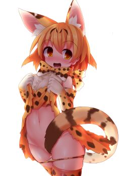 1girl absurdres animal_ears animal_print blonde_hair blush bow bowtie breasts clothes_lift convenient_censoring covering_crotch covering_privates elbow_gloves extra_ears flashing gloves helmet high-waist_skirt highres kemono_friends lifting_own_clothes looking_at_viewer nagai_wataru navel open_mouth orange_bow orange_bowtie panties pith_helmet print_bow print_bowtie print_gloves print_panties print_skirt pussy_juice serval_(kemono_friends) shirt short_hair skirt skirt_lift sleeveless smile solo striped_tail tail tail_censor two-tone_bow two-tone_bowtie underwear unworn_panties