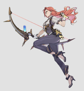 Rule 34 | 1girl, ankle strap, ass, bow (weapon), closed mouth, colored inner hair, corset, curtained hair, floating, floating hair, forehead, frilled sleeves, frills, full body, glasses, gloves, gold trim, grey shoes, high heels, holding, holding bow (weapon), holding weapon, knee up, legs, light smile, lilith-lily, long hair, midair, mini eyewear, multicolored hair, orange hair, original, pants, pince-nez, purple corset, purple pants, shirt, shoes, short sleeves, simple background, solo, thermometer, thighs, v-shaped eyebrows, weapon, white background, white gloves, white shirt