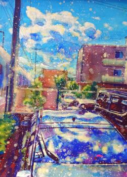 absurdres acrylic_paint_(medium) apartment blue_sky building car cloud cloudy_sky day highres jobanni landscape motor_vehicle original painting_(medium) power_lines reflection sky traditional_media train utility_pole