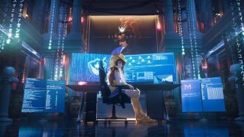 1girl 3d absurdres arch_linux architecture armor blender_(medium) blue_eyes blue_skirt boots brown_hair chair commission computer greco-roman_architecture greek_armor greek_helmet highres krita_(medium) linux long_hair looking_at_viewer monitor multiple_monitors original os-tan pillar ravimo scenery sitting skirt solo urn vertical_monitor