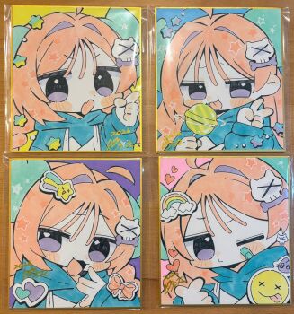 1girl :3 :d :o :p ahoge ako-chan_(notamaru_2) bandaid bandaid_on_cheek bandaid_on_face blush_stickers bow candy closed_mouth commentary_request fang food green_hoodie green_horns hair_intakes hair_ornament hand_up highres holding holding_candy holding_food holding_lollipop hood hood_down hoodie horns lollipop long_hair long_sleeves looking_at_viewer multiple_views notamaru_2 one_eye_closed open_mouth orange_bow orange_hair original portrait purple_eyes rainbow shikishi skin_fang skull_hair_ornament smile star_(symbol) tongue tongue_out traditional_media v v-shaped_eyebrows wispy_bangs