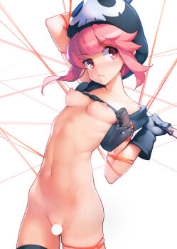 1girl arm_up ataruman black_gloves blush breasts censored cleft_of_venus collarbone female_focus gloves hat highres jakuzure_nonon kill_la_kill knife life_fiber looking_at_viewer navel nipples nudist_beach_uniform pink_eyes pink_hair pussy simple_background small_breasts solo standing string white_background