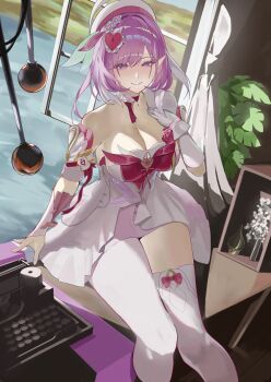 1girl blush breasts cleavage closed_mouth commentary dress elysia_(hi_love_elf)_(honkai_impact) elysia_(honkai_impact) gloves hair_ornament hat heart heart_hair_ornament highres honkai_(series) honkai_impact_3rd large_breasts long_hair looking_at_viewer pink_hair pointy_ears purple_eyes single_bare_shoulder single_glove single_leg_pantyhose single_thighhigh sitting smile solo symbol-only_commentary thighhighs thighs vespar4 white_dress white_gloves white_hat white_thighhighs