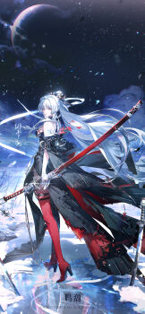 1girl absurdres bare_shoulders boots chinese_commentary commentary_request high_heel_boots high_heels highres hiyuki_(wuthering_waves) holding holding_sword holding_weapon katana logo long_hair looking_at_viewer looking_back official_alternate_costume official_art red_boots red_eyes solo standing sword weapon white_hair wuthering_waves