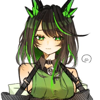 1girl arknights bare_shoulders black_hair blush breasts bright_pupils closed_mouth colored_inner_hair commentary emoji eyes_visible_through_hair green_eyes green_hair hatching_(texture) highres kaname_(o831_umai) light_smile linear_hatching looking_at_viewer medium_breasts medium_hair mon3tr_(arknights) multicolored_hair portrait simple_background sketch solo white_background white_pupils