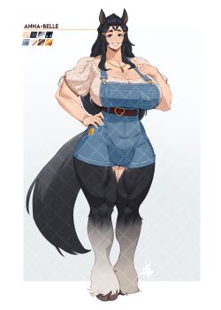 1futa absurdres animal_ears anna-belle_(popsicleheart) bangs_pinned_back belt belt_buckle bird black_fur black_hair black_tail blue_eyes blue_nails blue_overalls bracelet braid breast_pocket breasts brown_belt buckle bulge character_name collarbone commentary english_commentary floral_print floral_print_shirt full_body futanari gold_necklace grey_fur grin hair_ornament hairclip half_up_braid hand_on_own_chest hand_on_own_hip heart_belt_buckle highres hooves horse_ears horse_girl horse_tail huge_breasts jewelry long_hair looking_at_viewer necklace okasbasement original overalls pendant pocket puffy_short_sleeves puffy_sleeves satyr shirt short_sleeves sidelocks smile solo standing tail thick_eyebrows watermark watermark_grid white_shirt yellow_bird