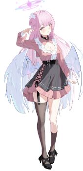 1girl absurdres angel_wings asymmetrical_legwear banpen black_choker black_garter_straps black_shoes blue_archive blush breasts brown_socks brown_thighhighs center_frills choker cleavage commentary crescent dress feathered_wings fingernails frills full_body garter_straps hair_bun hair_intakes hair_ribbon halo heart heart_choker heart_o-ring high_heels highres jirai_kei large_breasts long_hair long_sleeves looking_at_viewer low_wings mika_(blue_archive) mismatched_legwear nail_polish o-ring o-ring_choker pink_dress pink_hair pink_halo pink_nails ribbon shoes simple_background single_garter_strap single_side_bun single_sock single_thighhigh smile socks solo thighhighs thighs underbust white_background white_ribbon white_wings wings yellow_eyes