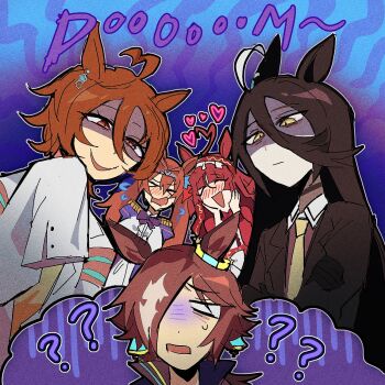 &gt;_&lt; 5girls ? ?? agnes_tachyon_(tach-nology)_(umamusume) agnes_tachyon_(umamusume) ahoge black_coat black_gloves blunt_bangs blunt_ends blush brown_hair closed_mouth coat collared_shirt contrast_collar daiwa_scarlet_(peak_blue)_(umamusume) daiwa_scarlet_(umamusume) epaulettes expressive_hair gloom_(expression) gloves grey_shirt hair_between_eyes hair_intakes hair_over_one_eye hand_up hands_on_own_face heart highres lab_coat long_hair_between_eyes long_sleeves manhattan_cafe_(creeping_black)_(umamusume) manhattan_cafe_(umamusume) mel_(koginaki) multicolored_hair multiple_girls necktie no_pupils open_clothes open_coat open_mouth parted_lips red_desire_(umamusume) red_hair shaded_face shirt short_hair sleeves_past_fingers sleeves_past_wrists smile sweat sweater turn_pale umamusume vodka_(umamusume) vodka_(wild_top_gear)_(umamusume) white_coat white_hair white_shirt yellow_eyes yellow_necktie yellow_sweater