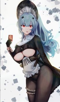 Rule 34 | 1girl, azur lane, black gloves, blue hair, bodystocking, breasts, clothing cutout, club (shape), commentary, cross, cross necklace, diamond (shape), english commentary, forked tongue, frilled thigh strap, gloves, heart, jewelry, large breasts, long sleeves, looking at viewer, maid headdress, marco polo (azur lane), marco polo (the queen of hearts) (azur lane), necklace, official alternate costume, red eyes, shishiria, solo, spade (shape), thigh strap, tongue, tongue out, underboob, underboob cutout, white wrist cuffs, wrist cuffs