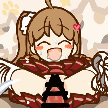 1boy 1girl :d ^_^ ahoge animated animated_gif bar_censor bemani blush_stickers brown_hair censored closed_eyes commentary_request crotch_focus drooling erection hair_ornament hair_scrunchie heart hetero highres hinabita kurehappa long_hair mouth_drool one_side_up open_mouth parody penis pop'n_music pop'n_music_(style) pussy pussy_juice red_skirt scrunchie sex sex_from_behind skirt smile style_parody sweat testicles thighhighs vaginal white_thighhighs yamagata_marika