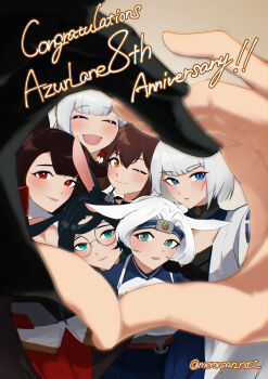 6+girls :d ;) absurdres akagi_(azur_lane) animal_ears anniversary azur_lane black_gloves black_hair black_kimono blue_eyes blue_hair blue_kimono blue_skirt blush brown_hair closed_eyes closed_mouth commentary_request copyright_name ears_down expressionless eyeshadow forehead_protector fox_ears fox_girl glasses gloves green_eyes hair_between_eyes hair_ornament hairclip hands_up happy heart heart_frame heart_hands heart_hands_duo highres hiryuu_(azur_lane) japanese_clothes kaga_(azur_lane) kimono light_smile long_hair makeup medium_hair multiple_girls nocturnal_melonpan one_eye_closed open_mouth orange_eyes pleated_skirt rabbit_ears rabbit_girl red_eyes red_eyeshadow red_skirt sakura_empire_(emblem) shoukaku_(azur_lane) single_ear_down skirt smile souryuu_(azur_lane) very_long_hair white_hair white_kimono yellow_eyes zuikaku_(azur_lane)