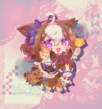 &gt;_&lt; 1girl ahoge animal_ears bell blue_dress blush bow breasts brown_hair cat chibi closed_eyes closed_mouth creature_and_personification double-parted_bangs dress ear_ribbon gloves goat hair_between_eyes hairband headband holding holding_bell horns horse horse_ears horse_girl horse_tail horseback_riding looking_at_viewer medium_hair meisho_doto_(blue/raging)_(umamusume) meisho_doto_(racehorse) meisho_doto_(umamusume) meto_(cat) multicolored_hair musical_note nova_borealis open_mouth personification pink_hairband pink_headband purple_eyes riding shirt short_hair short_sleeves smile tail tanuki tongue tongue_out two-tone_hair umamusume whiskers white_dress white_gloves white_hair
