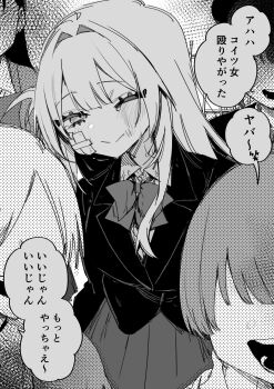 Rule 34 | 2boys, 3girls, bandaid, bandaid on neck, bow, bowtie, bruise, bruise on face, bruised eye, bullying, commentary, faceless, faceless female, faceless male, false smile, gauze, gauze on cheek, greyscale, highres, injury, kuga tsuniya, long hair, looking at viewer, monochrome, multiple boys, multiple girls, original, sad smile, slap mark, slap mark on face, smile, splash page, tears, translated