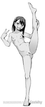 1girl absurdres breasts completely_nude fang fingernails geewhy greyscale highres ijiranaide_nagatoro-san kneepits long_hair meme monochrome nagatoro_hayase nipples nude open_mouth pussy small_breasts smile solo split standing standing_on_one_leg standing_split tan uncensored v