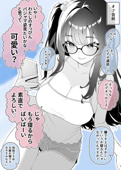 1girl absurdres blue_background blurry blurry_background breasts camisole cleavage colored_speech_bubble commentary_request dolphin_shorts glasses greyscale_with_colored_background headphones headset highres large_breasts long_hair ogata_(ogt_illust) one_side_up original short_shorts shorts solo speech_bubble translation_request