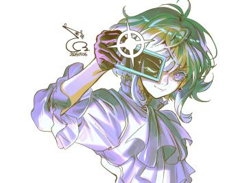 Rule 34 | 1boy, absurdres, ascot, baehee5502, black gloves, camera phone, commentary request, crossed bangs, dated, earrings, frilled shirt, frills, gloves, green hair, highres, jewelry, korean commentary, lio fotia, male focus, popped collar, promare, purple eyes, shirt, short hair, sidelocks, smile, solo, taking picture, trap, upper body, white ascot, white background, white shirt