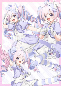 1girl absurdres ahoge blue_archive clenched_hand dress gloves hair_ornament highres holding holding_staff kafuukamiya long_hair looking_at_viewer magical_girl multicolored_hair multiple_views official_alternate_costume official_alternate_hairstyle one_eye_closed open_mouth pantyhose pink_hair puffy_short_sleeves puffy_sleeves purple_hair reisa_(blue_archive) reisa_(magical)_(blue_archive) shoes short_sleeves smile staff striped_clothes striped_pantyhose teeth twintails two-tone_hair upper_teeth_only v-shaped_eyebrows very_long_hair white_gloves white_wrist_cuffs wrist_cuffs