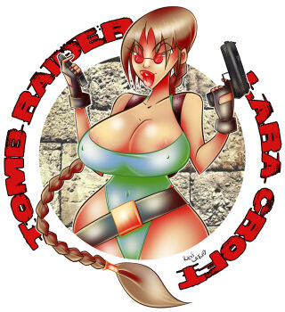 1girl artist_request braid breasts brown_eyes brown_hair cameltoe character_name curvy fingerless_gloves glasses gloves green_one-piece_swimsuit gun handgun highleg highleg_one-piece_swimsuit holding holding_weapon huge_breasts lara_croft lips long_braid long_hair looking_at_viewer low-tied_long_hair one-piece_swimsuit seductive_smile sexfire shiny_clothes shiny_skin single_braid smile solo sunglasses swimsuit thick_thighs thighs tomb_raider very_long_hair wall weapon wide_hips