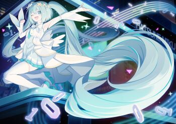 1girl absurdly_long_hair absurdres aqua_hair aqua_skirt arm_up armpits bow character_name commentary detached_sleeves dress gold_trim hair_between_eyes hair_bow hair_ornament hatsune_miku hello_sekai_(vocaloid) highres hiramado_miku kowareta_sekai_to_utaenai_miku long_hair long_sleeves looking_at_viewer project_sekai skirt sleeveless sleeveless_dress solo sora_(men0105) spoilers thighhighs twintails very_long_hair vocaloid white_dress white_thighhighs x_hair_ornament