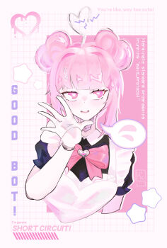 1girl alt_text android commentary cropped_torso double_bun english_commentary english_text flying_sweatdrops hair_bun hand_up heart heart-shaped_pupils highres joints kicks_(kicks0u) long_hair looking_to_the_side maid original parted_lips pink_eyes pink_hair robot_joints solo speech_bubble spoken_flying_sweatdrops sweatdrop symbol-shaped_pupils upper_body