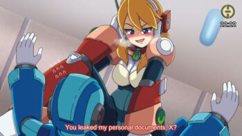 Rule 34 | 1boy, 1girl, alia (mega man), armor, blonde hair, blue eyes, blue helmet, blush, breasts, breath, godichi, headgear, helmet, hetero, large breasts, long hair, mega man (series), mega man x (series), parted lips, pink armor, smile, x (mega man)