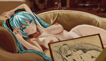 1girl aqua_eyes aqua_hair aqua_nails arm_up arms_up aruman breasts collarbone commentary completely_nude couch drawing female_pubic_hair hands_up hatsune_miku highres indoors large_breasts long_hair looking_at_viewer navel nipples nude on_couch paid_reward_available pubic_hair scene_reference smile solo_focus titanic_(movie) twintails very_long_hair vocaloid