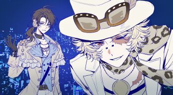 2boys absurdres animal_print belt blonde_hair blue_background blue_eyes blue_shirt brown_belt brown_capelet brown_coat brown_gloves brown_hair capelet city_lights coat eyewear_on_headwear gloves grin hair_intakes hat highres identity_v jacket leaning_forward leopard_print looking_at_viewer male_focus multiple_boys naib_subedar naib_subedar_(cabinet_of_curiosities) norton_campbell norton_campbell_(dazzling_lone_wolf) official_alternate_costume one_eye_closed ponytail print_scarf red_eyes scar scar_on_chest scarf shirt smile sunglasses sushisushi_iiii white_hat white_jacket