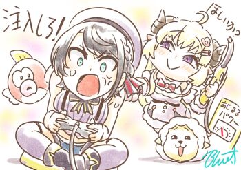2girls :&gt; ahoge anger_vein animal_ears beret black_hair blonde_hair blue_eyes blue_shorts braid breasts buru-dai cheep_cheep commentary_request controller crossover detached_sleeves fish fur-trimmed_jacket fur-trimmed_sleeves fur_trim game_controller gas_pump gas_pump_nozzle grey_hat grey_thighhighs hair_ornament hairclip hat holding holding_controller holding_game_controller hololive horns indian_style jacket mario_(series) medium_breasts multiple_girls nintendo oozora_subaru pillow purple_eyes sheep sheep_ears sheep_girl sheep_horns short_shorts shorts sitting smug suspenders sweatdrop thighhighs translation_request tsunomaki_watame virtual_youtuber watamate