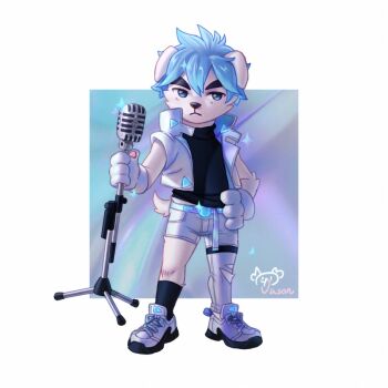 Rule 34 | 1boy, animal crossing, animal ears, animal hands, artist name, asymmetrical pants, black skirt, blue hair, commentary, dog boy, dog ears, dog tail, english commentary, furry, furry male, gloves, hand on own hip, highres, holding, holding microphone stand, jacket, jason xiaojie, k.k. slider (animal crossing), looking at viewer, male focus, microphone stand, nintendo, pants, paw gloves, shorts, skirt, sparkle, tail, torn clothes, torn pants, white jacket, white shorts
