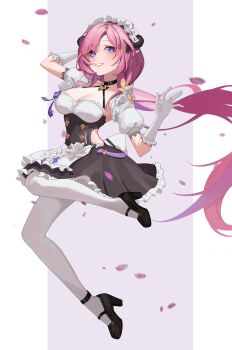 1girl absurdres apron black_choker black_dress black_shoes blue_eyes breasts butterfly_hair_ornament chinese_commentary choker cleavage clothing_cutout commentary_request dress elf elysia_(honkai_impact) elysia_(miss_pink)_(honkai_impact) elysia_(miss_pink_elf)_(honkai_impact) fake_horns falling_petals gloves hair_ornament high_heels highres honkai_(series) honkai_impact_3rd horns large_breasts leg_up long_hair maid maid_apron maid_headdress parted_lips petals pink_hair pointy_ears puffy_short_sleeves puffy_sleeves purple_background shoes short_sleeves side_cutout solo teeth thighhighs two-tone_background white_apron white_background white_gloves white_thighhighs youmiao_oxo