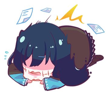 1girl ^^^ afterimage apologizing black_jacket blue_hair bowing chibi denonbu dogeza flying_sweatdrops full_body hair_between_eyes hair_ornament hairclip jacket long_hair long_sleeves lowres no_eyes nonkomu_(furiten5553) official_art open_mouth outline paper prostration shaded_face shinonome_kazune solo translation_request transparent_background white_outline