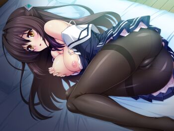 1girl ass bare_shoulders bed black_hair black_pantyhose blush bra bra_pull breasts brown_eyes cameltoe clothes_pull crotch_seam dress female_masturbation game_cg grabbing_own_breast hair_intakes hair_ornament inoino katsuragi_marina kouyoku_senki_exs-tia large_breasts large_variant_set long_hair looking_at_viewer lying masturbation medium_breasts nipple_stimulation nipple_tweak nipples non-web_source off_shoulder official_art on_bed on_side open_mouth panties panties_under_pantyhose pantyhose pillow sailor_dress school_uniform skirt solo strap_slip thighband_pantyhose tweaking_own_nipple underwear variant_set white_bra yellow_eyes