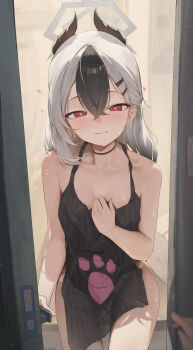 1girl 1other absurdres apron black_apron black_choker black_hair blue_archive breasts choker commentary_request demon_girl demon_horns doorway eiyuo grey_halo halo highres horns kayoko_(blue_archive) looking_at_viewer medium_breasts medium_hair multicolored_hair naked_apron opening_door paw_print pov_doorway red_eyes smile sweat thighs two-tone_hair white_hair