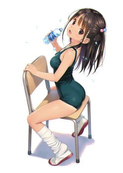 1girl ass black_hair blue_one-piece_swimsuit bottle brown_eyes chair commentary_request full_body koutaro looking_at_viewer loose_socks one-piece_swimsuit original school_swimsuit shoes simple_background sitting sitting_backwards smile socks solo swimsuit two_side_up uwabaki white_background white_socks