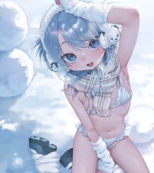 1girl absurdres arm_warmers bikini blue_eyes blue_hair breasts commentary_request dancho_(dancyo) earmuffs highres long_hair original outdoors petite plaid_clothes plaid_scarf ribbed_bikini scarf sitting small_breasts smile snow solo swimsuit white_bikini yokozuwari