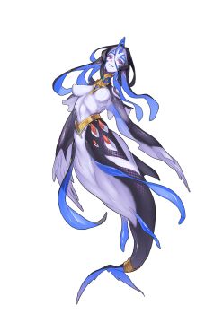 1girl black_hair blue_hair breasts bright_pupils character_request closed_mouth colored_inner_hair commentary_request covered_erect_nipples ether_glider facial_mark full_body gold_trim hair_between_eyes highres linea_alba long_hair mermaid monster_girl multicolored_hair purple_eyes solo white_background white_pupils z-ton