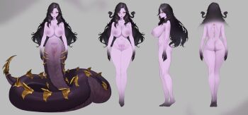 1girl absurdres ass back_tattoo black_hair breasts closed_mouth collarbone colored_extremities colored_skin completely_nude facial_mark grey_background highres indie_virtual_youtuber lamia large_breasts lips long_hair monster_girl multiple_views navel nipples nude pubic_tattoo purple_skin pussy reference_sheet scar scar_on_breasts second-party_source tattoo uncensored vexoria_the_sun_eater vexoria_the_sun_eater_(vex_2.0) virtual_youtuber whispering_for_nothing yellow_eyes