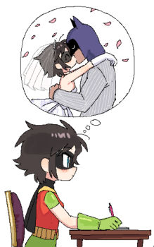 1boy 1girl arm_around_waist batman batman_(series) batrobin_k belt black_capelet black_hair black_mask blue_eyes bridal_veil capelet chair cherry_blossoms commentary_request cowl dc_comics desk domino_mask dress eye_mask falling_petals genderswap genderswap_(mtf) gloves green_gloves hair_between_eyes hetero highres jaggy_lines kiss korean_commentary mask meme petals profile robin_(batrobin_k) she_versus_he_thought_bubble_(meme) simple_background strapless strapless_dress superhero_costume utility_belt veil wedding_dress white_background