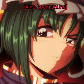1990s_(style) 1girl asymmetrical_hair black_eyes closed_mouth commentary english_commentary frilled_hat frills green_hair hat highres looking_at_viewer meme portrait raised_eyebrow red_background retro_artstyle shiki_eiki short_hair solo step_arts subtitled the_rock_(dwayne_johnson) touhou vine_boom_(meme)
