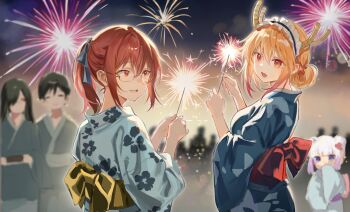 2boys 3girls aerial_fireworks back_bow black_hair blonde_hair blue_kimono bow breasts double_bun dragon_girl dragon_horns fafnir_(maidragon) fang fireworks from_behind glasses hair_bun highres holding holding_fireworks horns japanese_clothes ka_ku_(mhs5542202) kanna_kamui kimono kobayashi-san_chi_no_maidragon kobayashi_(maidragon) large_breasts looking_at_viewer looking_back maid_headdress multiple_boys multiple_girls obi open_mouth ponytail purple_hair red_bow red_eyes red_hair sash short_hair skin_fang sparkler takiya_makoto tohru_(maidragon) white_hair yellow_bow
