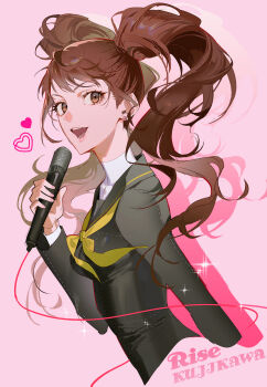 Rule 34 | 1girl, absurdres, black sailor collar, brown eyes, brown hair, cropped torso, hamra (hamcommis), hashtag-only commentary, highres, holding, holding microphone, kujikawa rise, long hair, looking at viewer, microphone, neckerchief, open mouth, persona, persona 4, pink background, sailor collar, school uniform, simple background, smile, solo, twintails, yasogami school uniform, yellow neckerchief