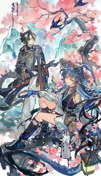 Rule 34 | 1boy, 1girl, absurdres, alternate costume, arknights, black boots, blue hair, blue skin, boots, bowl, braid, brother and sister, chongyun (genshin impact), colored skin, dragon girl, dragon horns, dragon tail, earrings, floating hair, highres, holding, holding bowl, horns, jewelry, knee boots, ling (arknights), long hair, looking at viewer, mento, outdoors, parted lips, pointy ears, siblings, single bare shoulder, single off shoulder, sitting, smile, standing, tail, very long hair