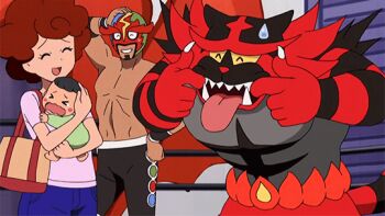 &gt;_&lt; 1girl 2boys animated animated_gif anime_screenshot baby bag blush_stickers carrying child_carry crying curly_hair gen_7_pokemon handbag incineroar making_faces mask masked_royal multiple_boys nintendo pokemon pokemon_(anime) pokemon_(creature) pokemon_sm_(anime) standing sweatdrop tiger