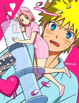 1boy 1girl :o blonde_hair blue_eyes blush dress facial_mark green_eyes haruno_sakura hat heart highres kena0n large_syringe naruto_(classic) naruto_(series) nurse nurse_cap open_mouth oversized_object pill pink_dress pink_hair pink_hat pink_shoes shoes short_sleeves spiked_hair syringe twitter_username uzumaki_naruto whisker_markings