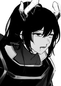 1boy antlers armor blood blood_from_mouth dosukoiponiponi greyscale heterochromia highres hong_lu_(project_moon) horns limbus_company monochrome nosebleed ponytail project_moon r_corp._(identity)_(project_moon) reindeer_antlers simple_background solo undershirt