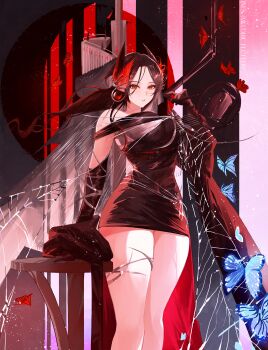 1girl absurdres ambience_synesthesia arknights black_dress black_gloves black_hair blue_butterfly bug butterfly cape cowboy_shot dress elbow_gloves floating_hair gloves highres ines_(arknights) ines_(melodic_flutter)_(arknights) insect light_particles long_hair looking_at_viewer official_alternate_costume orange_eyes parted_bangs parted_lips red_butterfly red_cape short_dress silk solo spider_web standing yuki_flourish