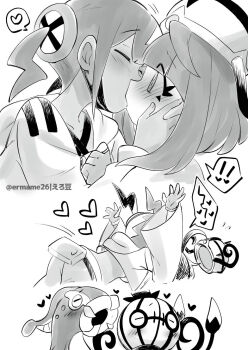 ! !! 2girls 3koma blush canari_(pokemon) chandelure closed_eyes coat comic commentary_request eelektross eromame gen_5_pokemon glomp greyscale gwynn_(pokemon) hat heart highres hug jacket kiss long_sleeves looking_at_another monochrome multiple_girls nintendo pokemon pokemon_(creature) pokemon_legends:_z-a short_hair spoken_exclamation_mark spoken_heart twitter_username yuri