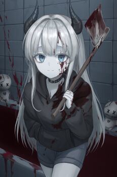 1girl absurdres axe bath bath_of_blood bathtub black_choker black_hoodie black_horns blood blood_on_axe blood_on_clothes blood_on_face blood_on_wall blood_splatter bloody_weapon blue_eyes blue_shorts choker closed_mouth commentary_request cowboy_shot crazy demon_horns grey_hair hand_in_pocket highres holding holding_axe holding_weapon hood hood_down hoodie horns kkamkkam light_smile long_hair long_sleeves looking_at_viewer original pale_skin ringed_eyes shorts solo stuffed_toy tile_wall tiles very_long_hair weapon