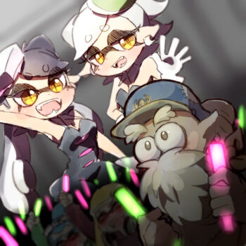 2boys 3girls bare_arms bare_shoulders beard black_dress black_eyes blonde_hair blue_hair blue_hat blunt_bangs blurry blurry_background blush breasts bubble_skirt newsboy_cap callie_(splatoon) callie_(squid_sisters_outfit)_(splatoon) cap'n_cuttlefish cephalopod_eyes cleavage closed_eyes collar commentary_request cousins cup_on_head detached_collar dot_nose dress dutch_angle earrings eyelashes facial_hair fangs food food-themed_hair_ornament gloves glowstick green_sweater hair_ornament half-closed_eyes hand_up happy hat headphones headphones_around_neck high_ponytail holding holding_glowstick hoop_earrings idol inkling_boy inkling_girl inkling_player_character jewelry light_blush long_sleeves marie_(splatoon) marie_(squid_sisters_outfit)_(splatoon) medium_breasts mole mole_under_eye multiple_boys multiple_girls nintendo old old_man open_mouth outstretched_hand patchwork_clothes penlight_(glowstick) people pointy_ears ponytail red_sweater short_hair skirt smile splatoon_(series) strapless strapless_dress sushi sweater teeth tentacle_hair thick_eyebrows ukata waving white_collar white_gloves white_hair yellow_eyes